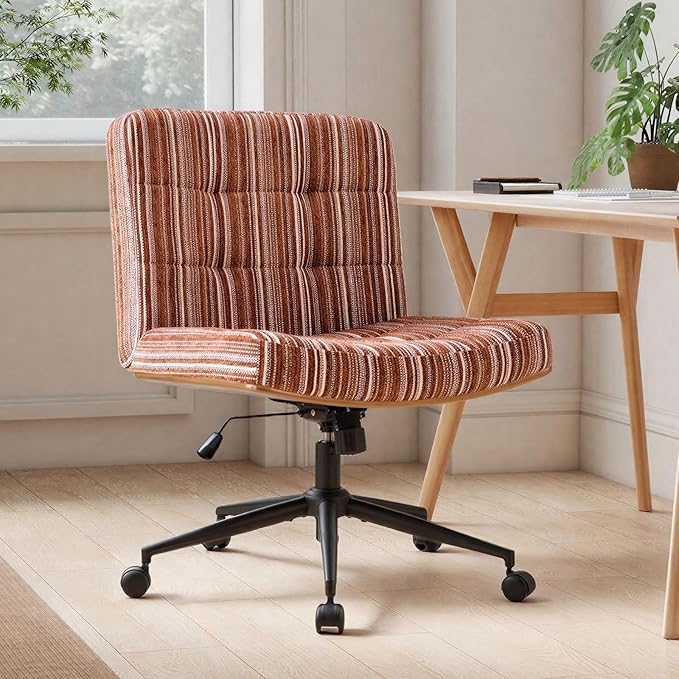 Furnimart Heavy-Duty Curved FSC Wood Desk Chair 360° Swivel, Premium Chenille Criss Cross Chair with Wheels Wide Seat, Comfy Armless Cross Legged Sitting for Bedroom, Office, Vanity(Dark Brown)