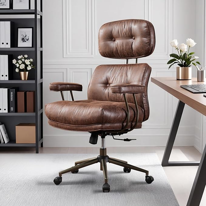 HOOOWOOO Ergonomic Office Chair,Mid Century Modern Computer Desk Chair,Comfy Executive Chair with Extra Wide Tufted Cloudy Seat Lumbar Support High Reclining Back,Suede Leather Dark Brown