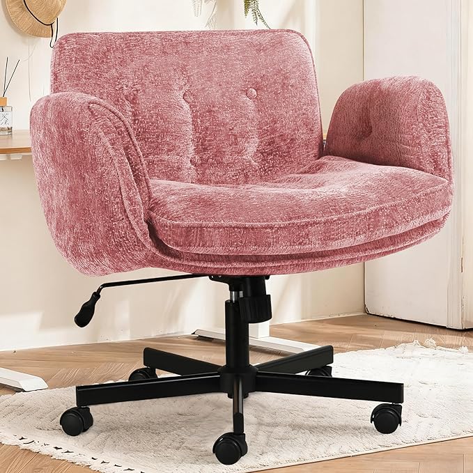 Criss Cross Chair with Wheels & Arms, Chenille Cross Legged Office Chair with 5-level Folding Armrest, Comfortable Adjustable Swivel Vanity Chair for Home, Make Up, Bed Room, Office, Accent (Pink)