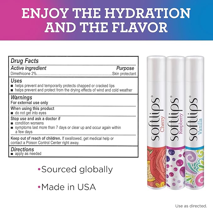 Softlips Daily Lip Moisturizer For Very Dry Lips, Multi-Flavored Lip Balms, Hydrates, Soothes & Prevents Dry, Chapped Lips, Smooth Glide Formula, Dermatologist Tested, Pack of 3 Chap Sticks