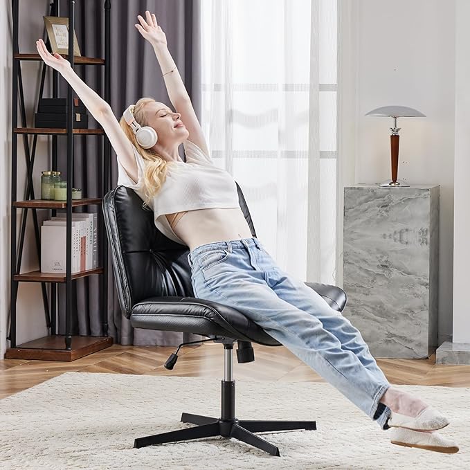 OLIXIS Criss Cross Chair Without Wheels, Cross Legged Office Chair, Armless Wide Vanity Desk Chair with Comfy PU Leather& Back - Swivel for Home Office Bedroom, Black