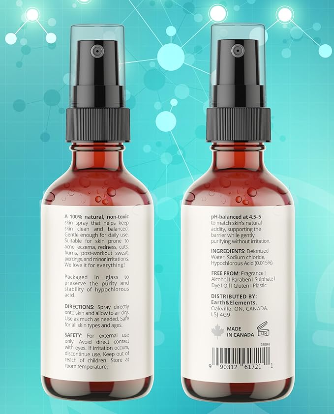 Earth & Elements Hypochlorous Acid Spray 0.015% – pH Balanced HOCl Facial & Body Mist for Redness, Sensitive & Acne-Prone Skin – Soothing Mist – Amber Glass Bottle