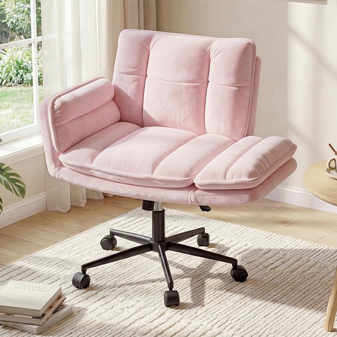Criss Cross Chair with Wheels, Pink Desk Chair with Adjustable Armrests, Vanity Chair with Back for Bedroom, Makeup Room and Office Room