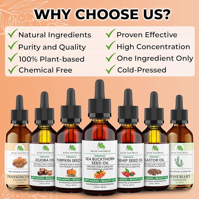 Jeune Naturelle Sea Buckthorn Oil Organic, From Fruit & Seeds, 100% Pure RAW Virgin Cold-Pressed Undiluted Unrefined, Fast Absorbing, Travel Size, Non-Comedogenic