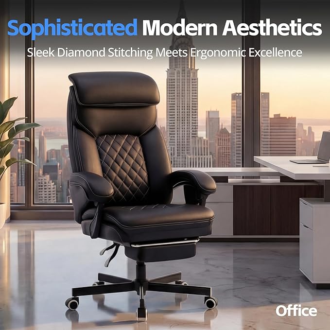 Ergonomic Executive Office Chair - Big and Tall Home Comfy Desk Gaming Chair for Adults, Heavy Duty Leather Reclining Wide Computer Chair with Foot Rest and Back Support (Black)