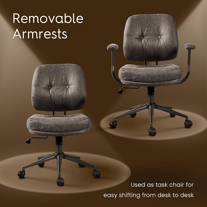 HOOOWOOO Ergonomic Office Chair,Mid Century Modern Computer Desk Chair,Comfy Executive Chair with Extra Wide Tufted Cloudy Seat Lumbar Support Rocking Back,Suede Leather Grey