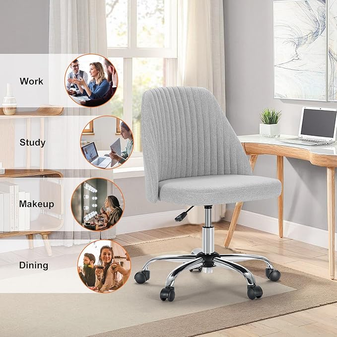 Sweetcrispy Armless Vanity Chair, Cute Comfy Home Office Desk Chair with Wheels, Modern Upholstered Task Computer Seat for Bedroom, Study, Makeup Vanity, Height Adjustable & Swivel, Classic Gray