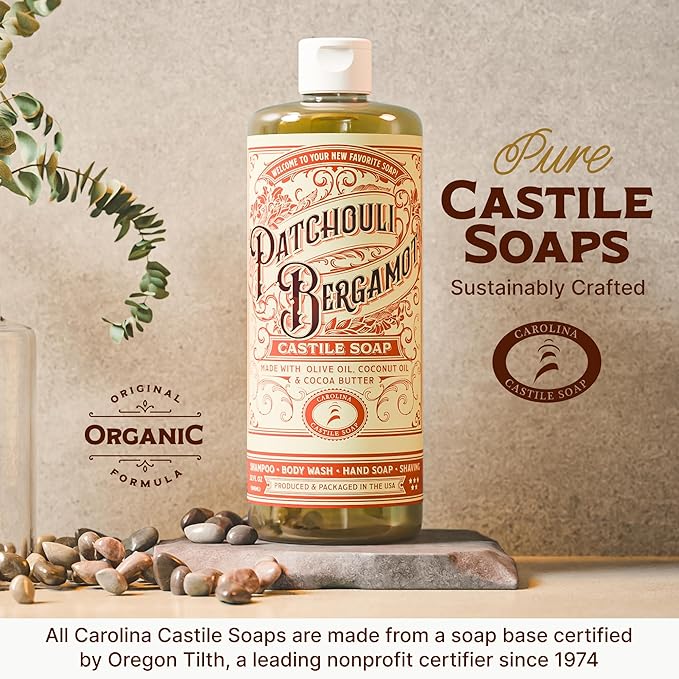 Carolina Castile Soap Patchouli Bergamot Scented Castile Soap - Certified Organic, High Olive Oil Content, Non-Drying, Made with Organic Oils, Concentrated Natural Soap for Men and Women
