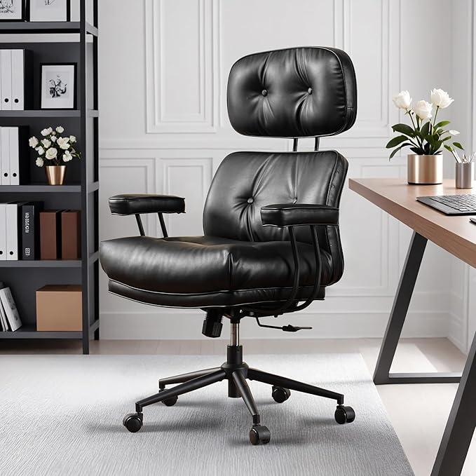 HOOOWOOO Ergonomic Office Chair,Mid Century Modern Computer Desk Chair,Comfy Executive Chair with Extra Wide Tufted Cloudy Seat Lumbar Support High Reclining Back,PU Faux Leather Black