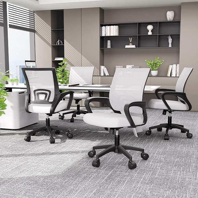 Magshion Ergonomic Office Desk Chair, Mid-Back Mesh Computer Chair, Swivel Chair with Breathable Backrest & Lumbar Support, Adjustable Height for Gaming, Work, Study, 300 Lbs Capacity, White