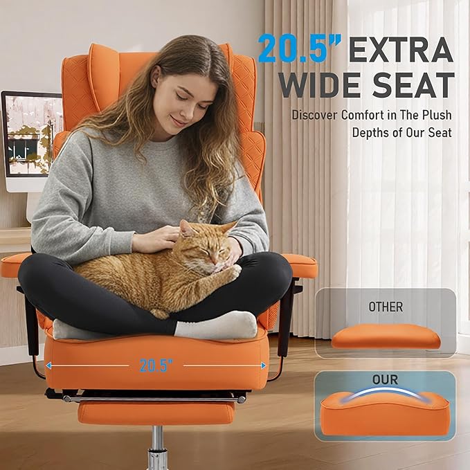 Big and Tall Office Chair, High-Back Leather Executive Reclining Chair with Footrest, Ergonomic Wide Computer Desk Chairs, Comfy Gaming Chair with Lumbar Support and Adjustable Padded Armrests(Orange)