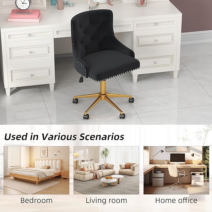 Westice Velvet Desk Chairs, Upholstered Swivel Comfy Makeup Vanity Chair with Tufted Back, Gold Metal Base & Wheels, Height Adjustable Chair for Girls, Bedroom Living Room, Black
