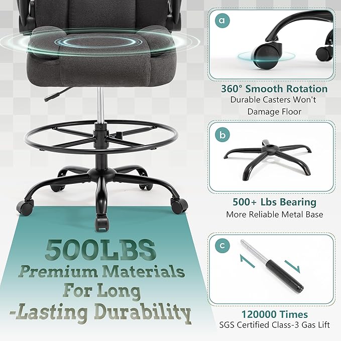 Ergonomic Drafting Chair, Tall Office Chair for Standing Desk, High Back Standing Desk Chair with Flip-Up Armrest, Adjustable Height & Foot Ring, Executive Fabric Extended Height Office Chairs, Black