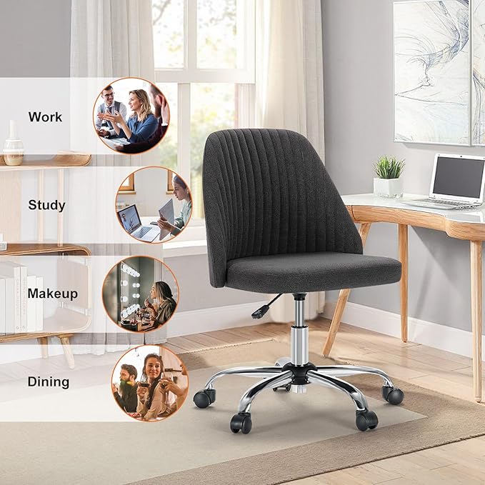 Sweetcrispy Armless Office Chair, Modern Fabric Home Office Desk Chairs with Wheels Adjustable Swivel Task Computer Vanity Seat for Small Spaces