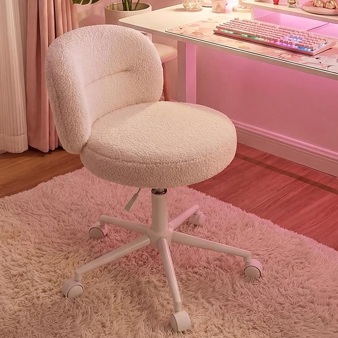 Small Round Vanity Chair with Wheels, Armless Home Office Desk Chairs with Back, Height Adjustable & 360° Swivel, Cute Comfy Vanity Computer Chair for Bedroom, Home Office, White