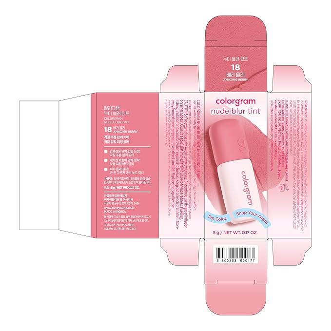 COLORGRAM NUDE BLUR TINT 18 AMAZING BERRY | K-Beauty Makeup, Soft-Focus Matte Lip Stain, 2-in-1 Lip & Cheek