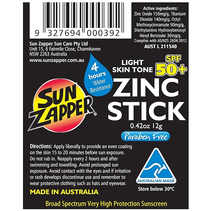 Sun Zapper Zinc Sunscreen Stick Light Skin Tone 4-Pack SPF 50+ – Tinted Mineral Sunscreen Sticks for Face, Water Resistant Sunblock, Travel Size 12g (0.42 oz) each, Australian Made