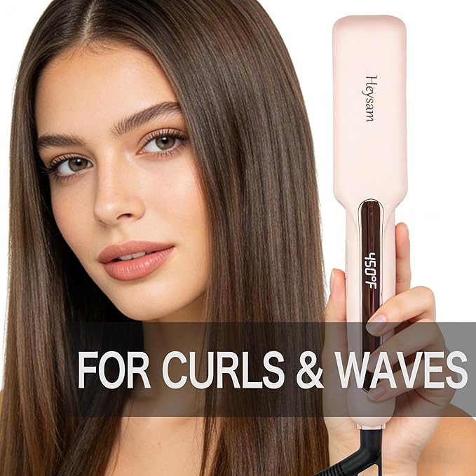 Heysam Flat Iron Hair Straightener and Curler 2 in 1, Travel Portable Dual Voltage Hair Irons for Thick Hair, Wide Ionic Straightener 1.6-Inch, 30S Fast Heating, LCD Display, Smooth & Frizzy, Pink
