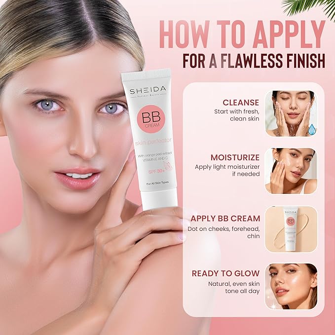 Sheida BB Cream with SPF 30+, Hydrating Daily Tinted Day Cream, Natural Finish, Buildable Light Coverage, 24h Moisture, Vitamin C & E for Even Skin Tone and Radiant Look – 50 ml (Light)