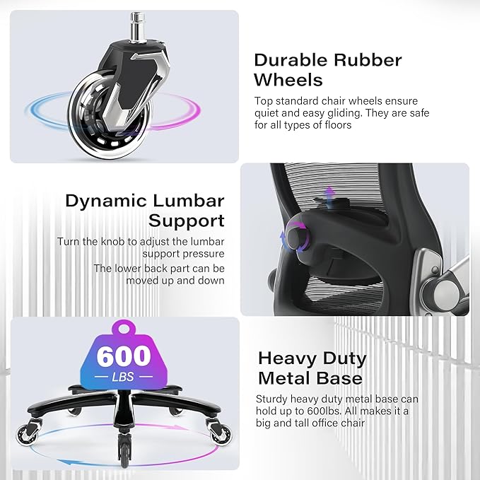 Big and Tall Office Chair 600lbs with 3D Flip Arms Adjustable Headrest - Heavy Duty Large Wheels Executive Computer Desk Chair, Ergonomic Lumbar Support Mesh High Back Plus Size Chair for Adults