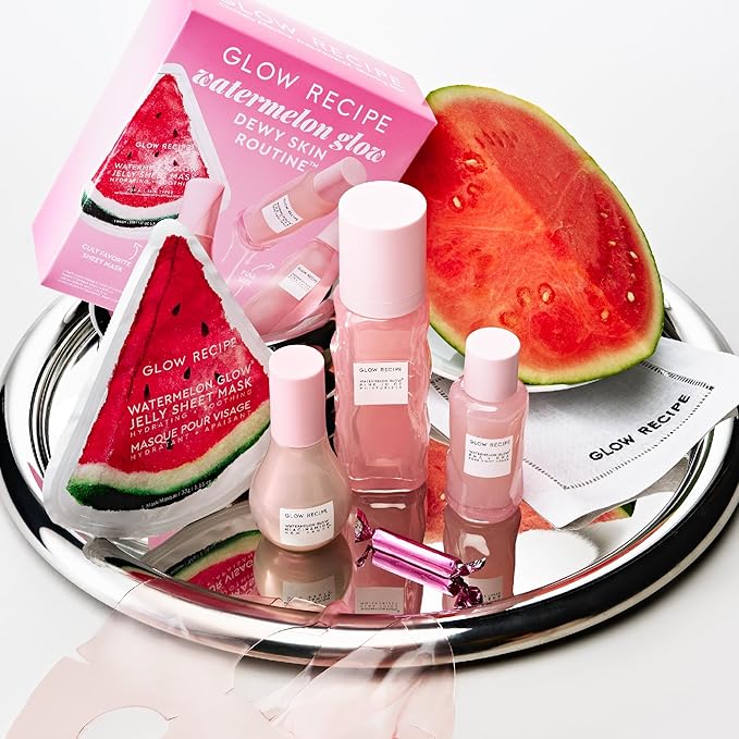 Glow Recipe Watermelon Glow Dewy Skin Routine Kit - Full Size Dew Drops Serum, Full Size Pink Juice Moisturizer, Travel Size PHA+BHA Pore-Tight Toner & Watermelon Jelly Sheet Mask (4 Count)