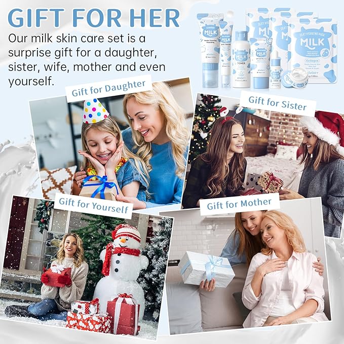 Milk Skin Care Set - 9PCS Milk Skin Care for Kids Ages 8-12 with Cleanser, Toner, Serum, Eye Cream, Face Cream, Sunscreen, Facial Masks - Deep Hydrating, Smooth & Delicate Skin for Girls & Women