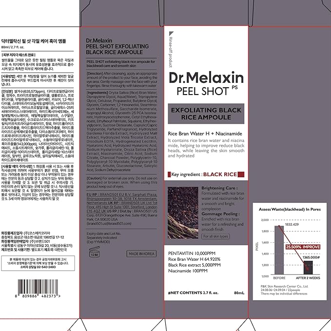 Dr.Melaxin Peel Shot Glow Black Rice Peeling Ampoule 80ml, Dead Skin Remover Gentle Exfoliating with Rice Water Extract, AHA BHA, Niacinamide, Daily Skin Texture, All Skin Types, Korean Skincare