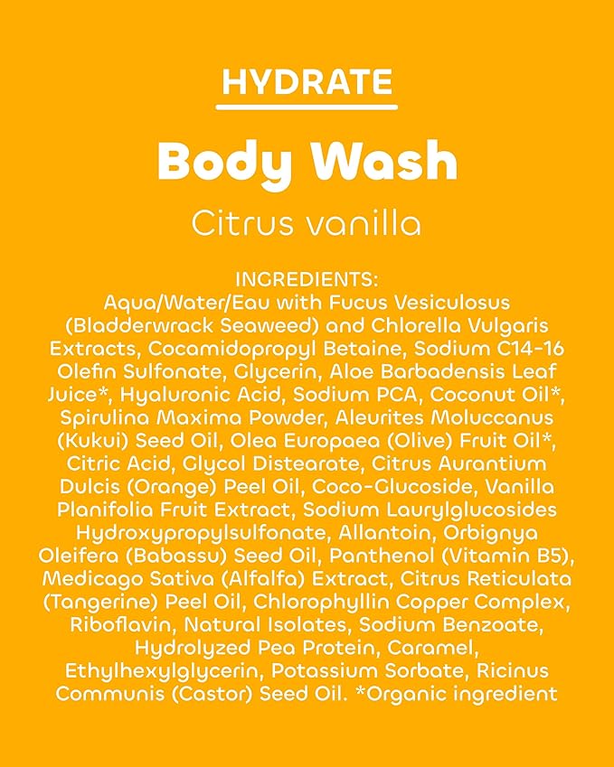 Seaweed Bath Co. Hydrate Body Wash - Citrus Vanilla - Foaming Shower Gel Cleanser with Natural Ingredients - Vegan, Paraben and Sulfate Free - For Women and Men - 12 oz