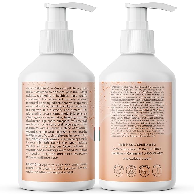 Alozera Vitamin C Ceramide Moisturizer Cream, Rejuvenating Face & Body Lotion with Plant Stem Cell, Helps Brighten and Even Skin Tone, Non-Greasy, Lightweight, Fragrance-Free, 16.9 oz