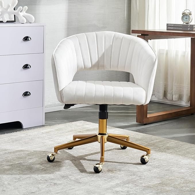 Kiztir Vanity Chair with Wheel, Modern Velvet Home Office Chair with Back, Criss Cross Armchair for Vanity, Living Room, Bedroom and Study (Beige)