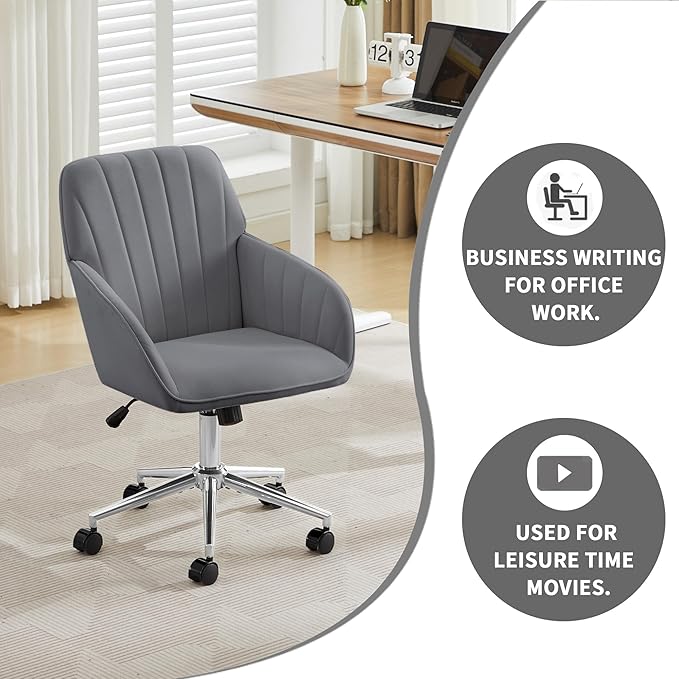 Velvet Home Office Desk Chair, Modern Cute Computer Task Chair with Back, Height Adjustable Upholstered Vanity Chair with Swivel Wheels for Women, Girls (Silver Base, Gray