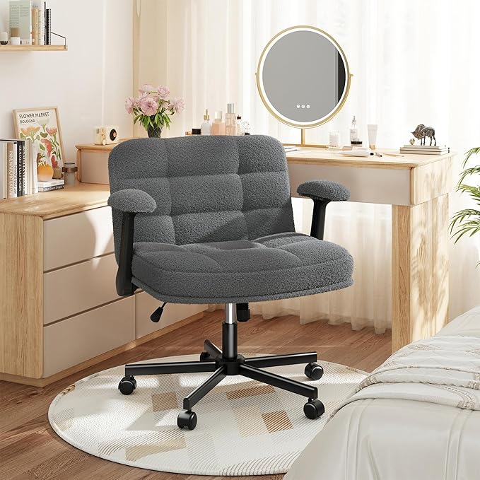 Criss Cross Chair with Wheels and Flip-up Arms, Adjustable Height, Teddy Plush Fabric,Grey, for Bedroom, Home Office, Apartment