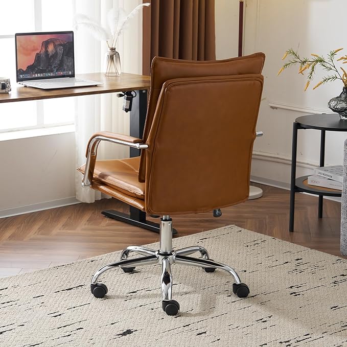 MOJAY Office Chair, Leather Desk Chair, Brown Desk Chair, Mid Century Modern Office Chair, Swivel Comfy Upholstered Wide Seat Chair with Gold Legs and Armrests for Home, Office (Camel&Silver)
