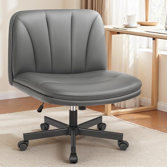 FelixKing Criss Cross Chair with Wheels, Cross Legged Office Chair, Armless Wide Vanity Desk Chair with Comfty PU Leather & Back - Swivel Height Ajustable for Home Office Bedroom, Gray