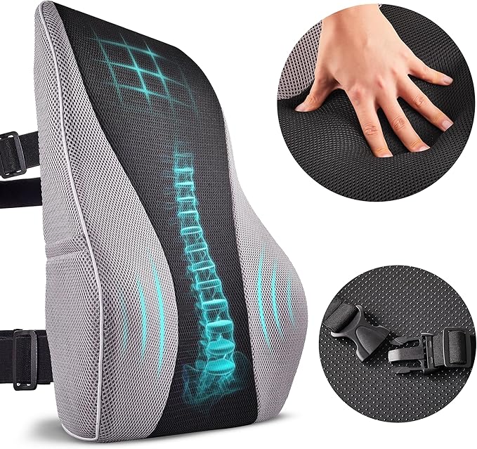 Extra Dense Lumbar Pillow with Double Adjustable Straps - Ergonomic Lumbar Support Pillow for Office Chair, Car, Couch Firm Back Support for Lower Back & Spine Pain Relief Memory Foam Cushion