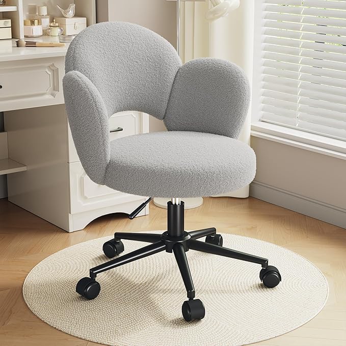 Petal Vanity Chair, Cute Vanity Chair with Wheels, Height Adjustable, Velvet Desk Chair for Study, Makeup & Relaxation, Grey