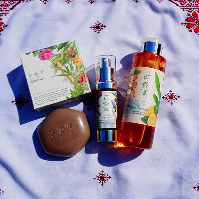 Acne face wash soap bar Japanese Skin care products Sensitive Skin Facial Soap 80g 2.8Oz Hyaluronic Acid Facial Toner 200ml 6.76fl oz Herbs Serum 30ml 1.01fl oz Acne Care Hyakkaso