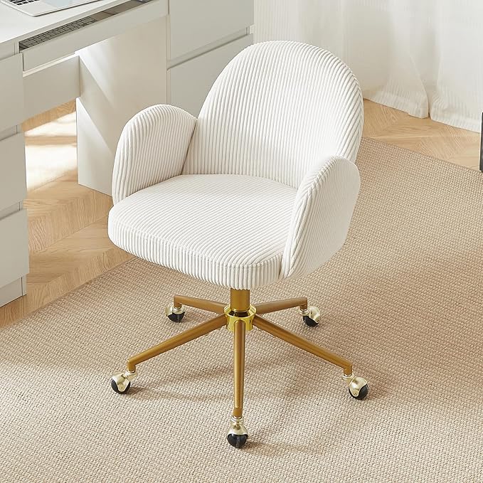 Home Office Chair with Petal Backrest, Corduroy Upholstered Desk Chair with Adjustable Swivel Wheels, Ergonomic Chairs for Living Room, Bedroom, Office, Study, Flower Cute Girls Vanity Chair(Beige)