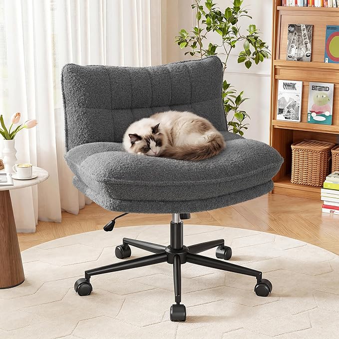 Criss Cross Chair with Wheels, 7" Extra Thick Cross Legged Office Chair, Height Adjustable Swivel Design for Home Office, Study & Vanity,Gery
