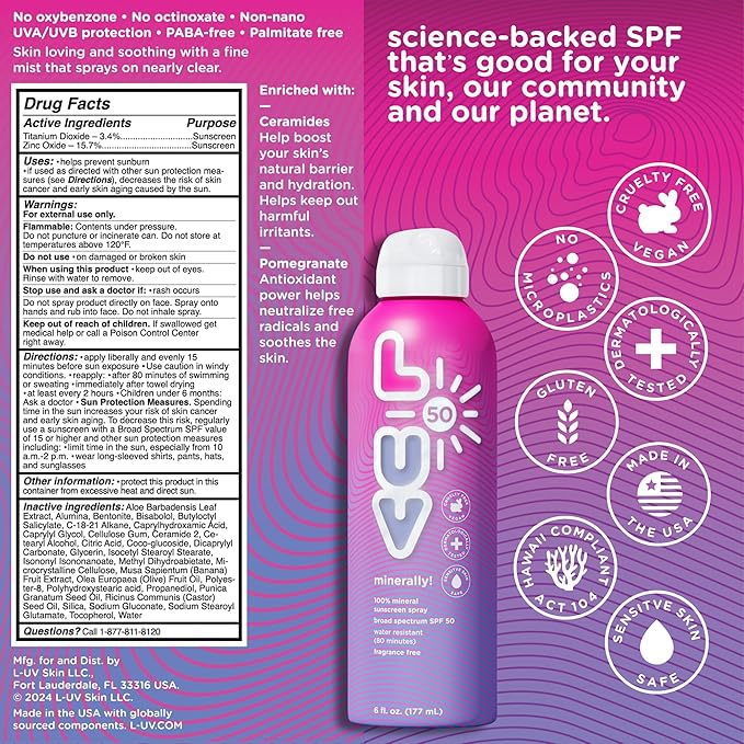 L-UV minerally! SPF 50 Sunscreen Spray, Broad-Spectrum Protection for UVA/UVB, Sensitive Skin Safe, Water-Resistant, Lightweight, Reef-Safe, Toxin-Free, Eco-Friendly Packaging, 6 oz
