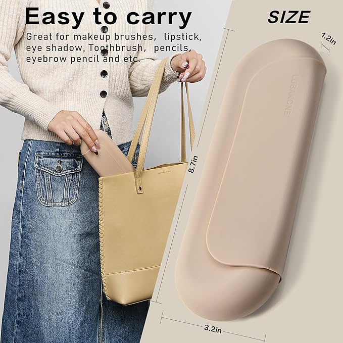 Makeup Brush Holder Magnetic Closure Make Up Brushes Organizer Silicone Makeup Bag Travel Essentials (Khaki)