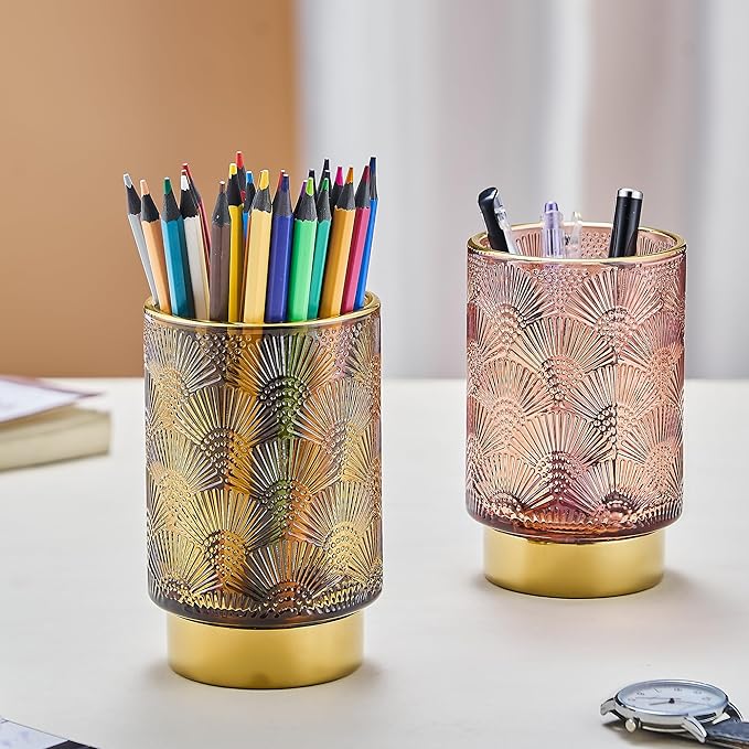 Makeup Brush Holder Organizer,Toothbrush Holders,Desk Pen Pencil Holder,Multifunctional Vintage Glass Brush Cup(A41-5-US)