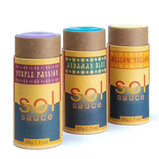 Colorful Zinc Sunscreen Sticks • All Natural • Non-Toxic • Reef Safe • Non-Staining • Plastic-Free Packaging, yellow, blue, and purple