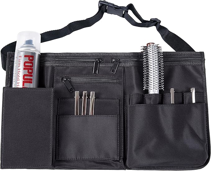 MyGift Professional Black Salon Apron, Makeup Artist Cosmetic Canvas Waist Apron, Multiple Pocket Brush Bag Organizer