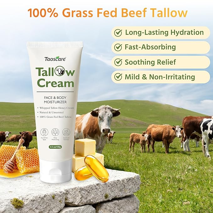 Beef Tallow for Skin, 100% Grass-Fed Whipped Tallow Balm – Organic Moisturizer for Face & Body – Deep Hydration for Dry & Sensitive Skin – Natural Tallow Cream