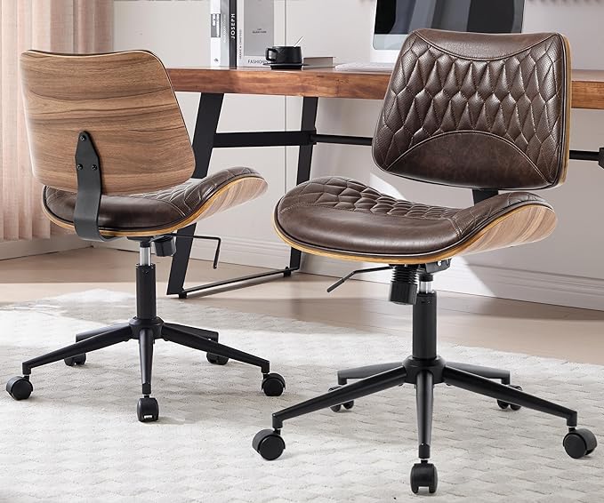 Walnut Bentwood Mid Back Armless Office Chair 2 Pack, Adjustable Height PU Leather Swivel Desk Chair with Wheels, Rolling Computer Task Chair for Home Office, Study, Meeting Room