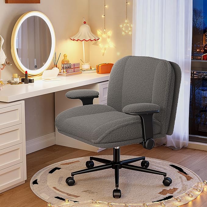 Cross Legged Office Chair with Flip-Up Arms, Wide Criss Cross Chair with Wheels & Extra-Deep Seat Thickened for Home Office, Vanity, Apartment Dorms,Plush Cushion,Comfy,Grey