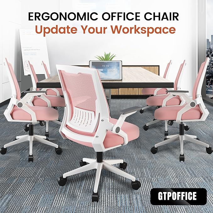 GTPOFFICE Ergonomic Office Chair, Computer Desk Chair Comfy with Adjustable Lumbar Support, Mid-Back Mesh Office Chair with Flip-up Armrest, Tilt Function Task Chair for Home, Bedroom, Gaming, Pink