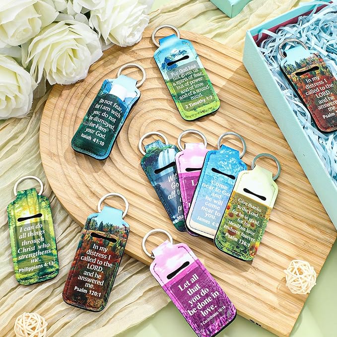 72 Pcs Christian Bible Lipstick Holder Key Chain Lip Balm Holder Gift Bulk with Metal Ring Lipstick Lip Gloss Pouch Religious Party Bible Inspiration Gift for Women Man Church(Retro)