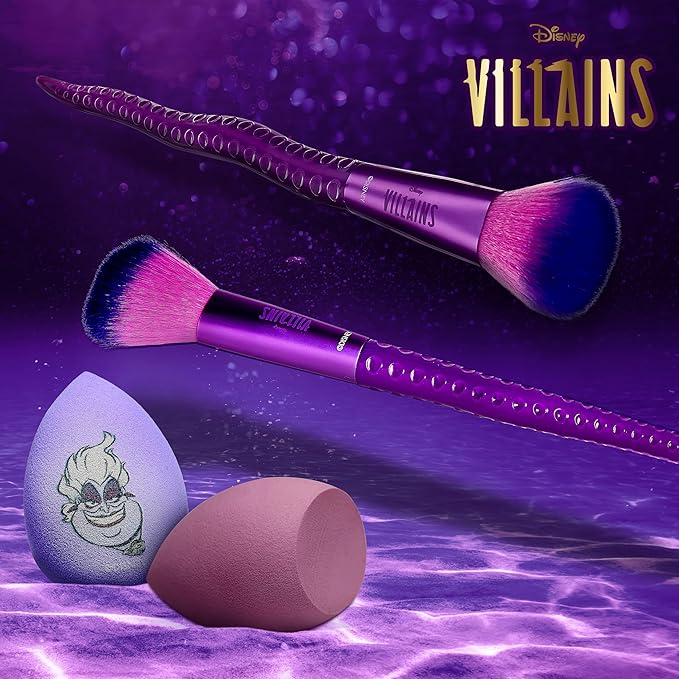 Disney Ursula 7PC Makeup Brush & Blender Set, All-over, Highlighter, Concealer, and Eyeshadow Brush, 2 Beauty Blender Sponges for women and girls by Belle Maison
